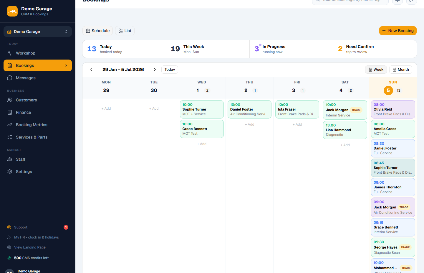 Motion Bookings weekly booking diary showing customer appointments scheduled across the week